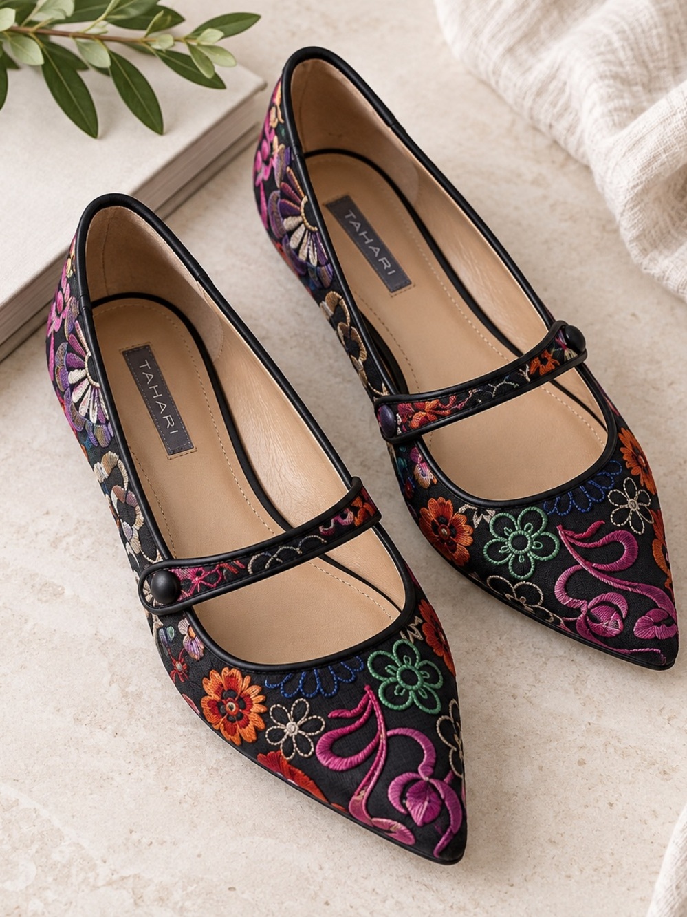 Tahari Park Floral Embroidered Pointed Toe Mary Jane Flats 6.5